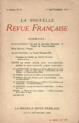 La Nouvelle Revue Française N' 57 (Septembre 1913) -  Collectifs - Editions Gallimard - Revues NRF