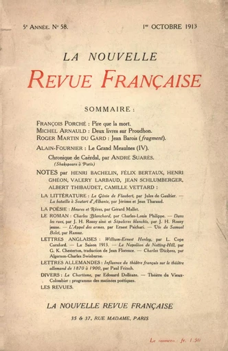 La Nouvelle Revue Française N' 58 (Octobre 1913) -  Collectifs - Editions Gallimard - Revues NRF