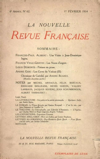 La Nouvelle Revue Française N' 62 (Février 1914) -  Collectifs - Editions Gallimard - Revues NRF