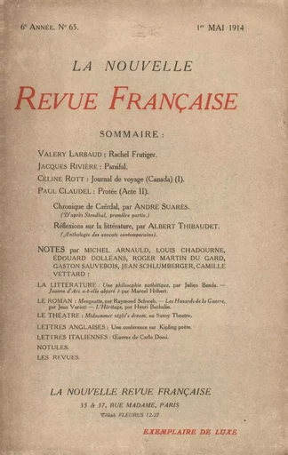 La Nouvelle Revue Française N' 65 (Mai 1914) -  Collectifs - Editions Gallimard - Revues NRF