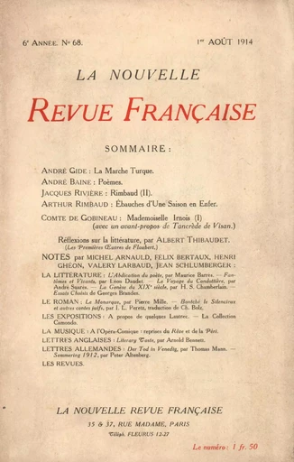 La Nouvelle Revue Française N' 68 (Aoűt 1914) - André Gide - Editions Gallimard - Revues NRF