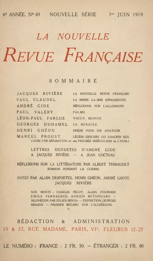 La Nouvelle Revue Française N' 69 (Juin 1919) -  Collectifs - Editions Gallimard - Revues NRF