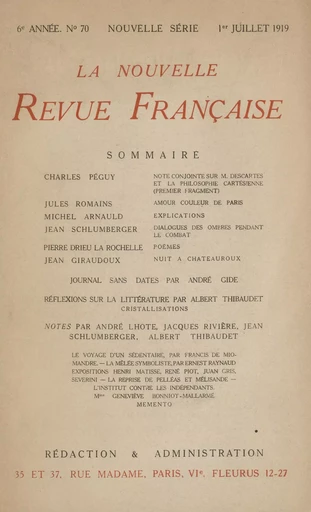 La Nouvelle Revue Française N' 70 (Juillet 1919) -  Collectifs - Editions Gallimard - Revues NRF