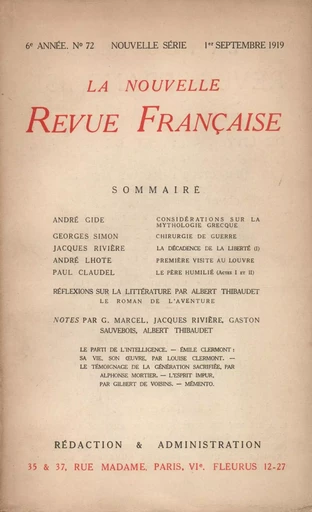 La Nouvelle Revue Française N' 72 (Septembre 1919) -  Collectifs - Editions Gallimard - Revues NRF