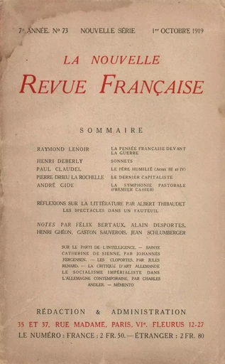 La Nouvelle Revue Française N' 73 (Octobre 1919) -  Collectifs - Editions Gallimard - Revues NRF