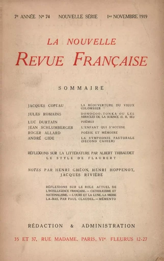 La Nouvelle Revue Française N' 74 (Novembre 1919) -  Collectifs - Editions Gallimard - Revues NRF