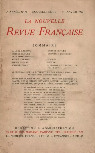 La Nouvelle Revue Française N' 76 (Janvier 1920) -  Collectifs - Editions Gallimard - Revues NRF