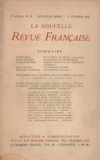 La Nouvelle Revue Française N' 77 (Février 1920) -  Collectifs - Editions Gallimard - Revues NRF