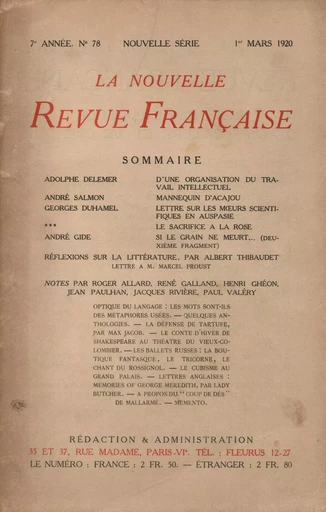 La Nouvelle Revue Française N' 78 (Mars 1920) -  Collectifs - Editions Gallimard - Revues NRF