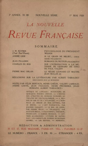 La Nouvelle Revue Française N' 80 (Mai 1920) -  Collectifs - Editions Gallimard - Revues NRF