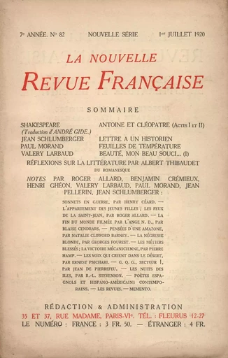 La Nouvelle Revue Française N' 82 (Juillet 1920) -  Collectifs - Editions Gallimard - Revues NRF