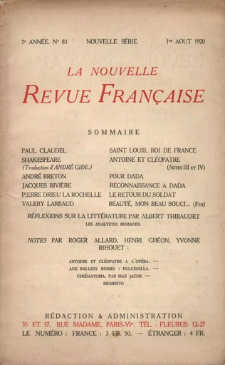 La Nouvelle Revue Française N' 83 (Aoűt 1920) -  Collectifs - Editions Gallimard - Revues NRF