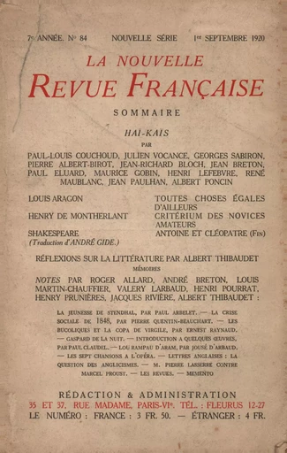 La Nouvelle Revue Française N' 84 (Septembre 1920) - André Gide - Editions Gallimard - Revues NRF