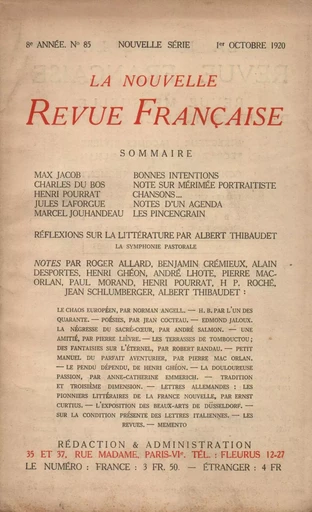 La Nouvelle Revue Française N' 85 (Octobre 1920) -  Collectifs - Editions Gallimard - Revues NRF