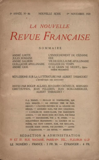 La Nouvelle Revue Française N' 86 (Novembre 1920) -  Collectifs - Editions Gallimard - Revues NRF