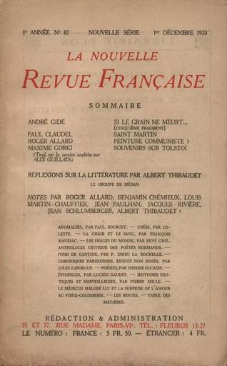 La Nouvelle Revue Française N' 87 (Décembre 1920) -  Collectifs - Editions Gallimard - Revues NRF