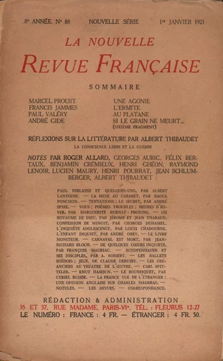 La Nouvelle Revue Française N' 88 (Janvier 1921) - André Gide - Editions Gallimard - Revues NRF