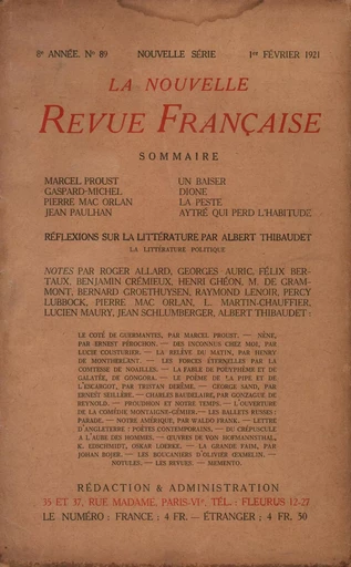 La Nouvelle Revue Française N' 89 (Février 1921) -  Collectifs - Editions Gallimard - Revues NRF