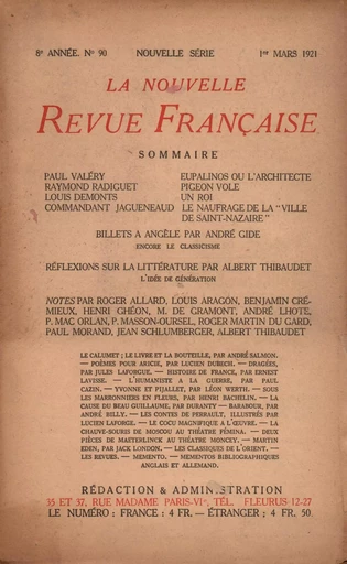 La Nouvelle Revue Française N' 90 (Mars 1921) - André Gide - Editions Gallimard - Revues NRF