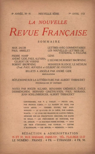 La Nouvelle Revue Française N' 91 (Avril 1921) - André Gide - Editions Gallimard - Revues NRF