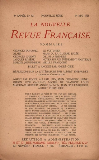 La Nouvelle Revue Française N' 92 (Mai 1921) -  Collectifs - Editions Gallimard - Revues NRF