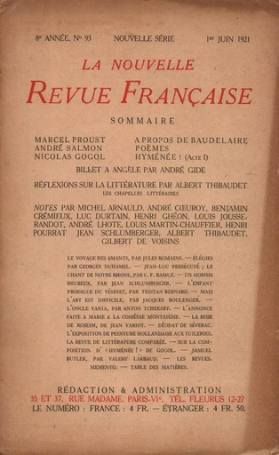 La Nouvelle Revue Française N' 93 (Juin 1921) - André Gide - Editions Gallimard - Revues NRF