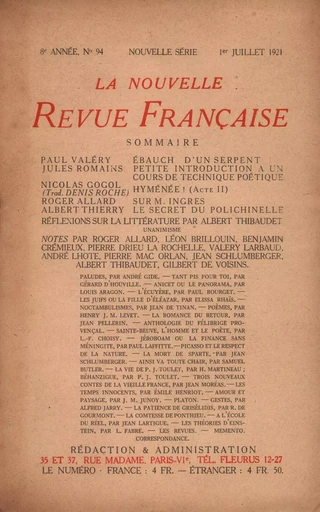 La Nouvelle Revue Française N' 94 (Juillet 1921) - André Gide - Editions Gallimard - Revues NRF