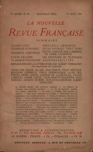 La Nouvelle Revue Française N' 95 (Aoűt 1921) - André Gide - Editions Gallimard - Revues NRF