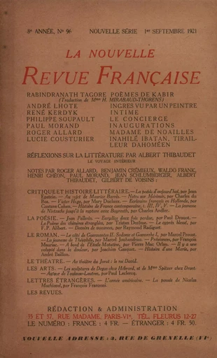 La Nouvelle Revue Française N' 96 (Septembre 1921) -  Collectifs - Editions Gallimard - Revues NRF