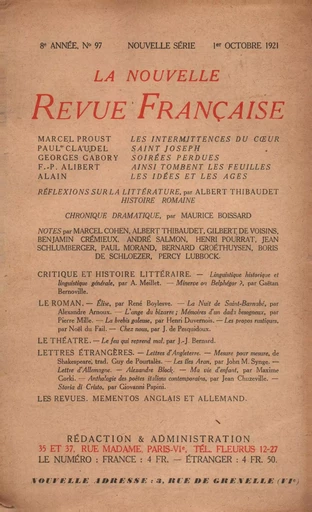 La Nouvelle Revue Française N' 97 (Octobre 1921) -  Collectifs - Editions Gallimard - Revues NRF