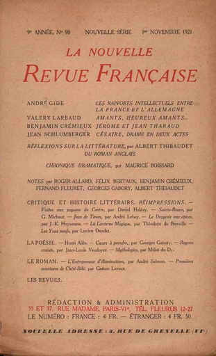 La Nouvelle Revue Française N' 98 (Novembre 1921) -  Collectifs - Editions Gallimard - Revues NRF