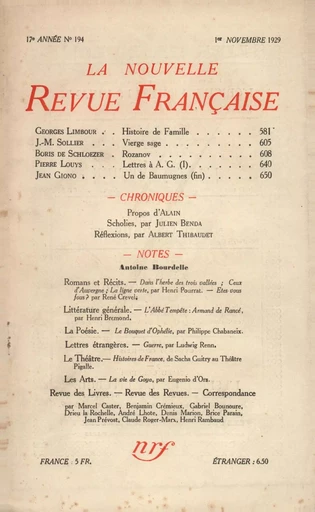 La Nouvelle Revue Française N' 194 (Novembre 1929) - André Gide - Editions Gallimard - Revues NRF