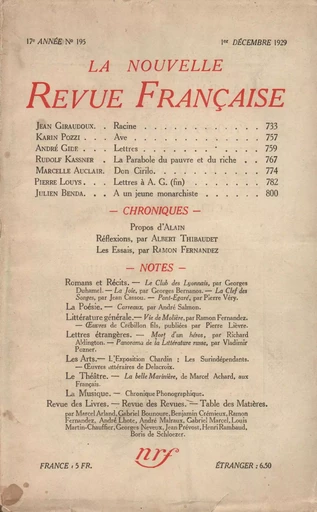 La Nouvelle Revue Française N' 195 (Décembre 1929) - André Gide - Editions Gallimard - Revues NRF