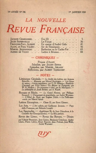 La Nouvelle Revue Française N' 196 (Janvier 1930) -  Collectifs - Editions Gallimard - Revues NRF