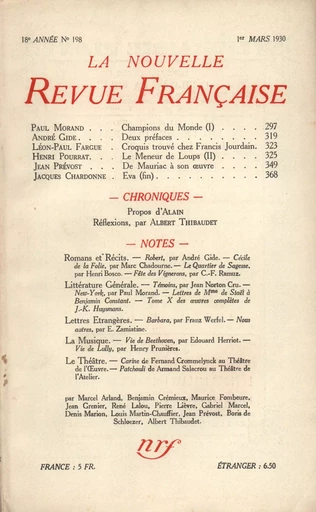 La Nouvelle Revue Française N' 198 (Mars 1930) - André Gide - Editions Gallimard - Revues NRF