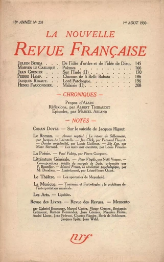 La Nouvelle Revue Française N' 203 (Aoűt 1930) - André Gide - Editions Gallimard - Revues NRF