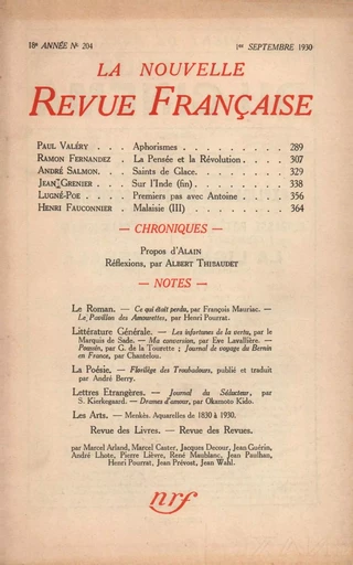 La Nouvelle Revue Française N' 204 (Septembre 1930) -  Collectifs - Editions Gallimard - Revues NRF