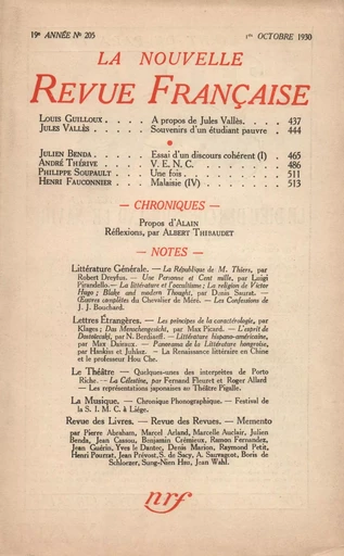 La Nouvelle Revue Française N' 205 (Octobre 1930) - André Gide - Editions Gallimard - Revues NRF