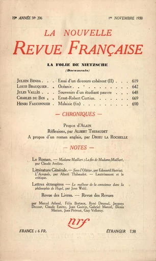 La Nouvelle Revue Française N' 206 (Novembre 1930) -  Collectifs - Editions Gallimard - Revues NRF