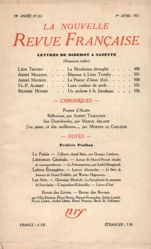 La Nouvelle Revue Française N' 211 (Avril 1931) -  Collectifs - Editions Gallimard - Revues NRF