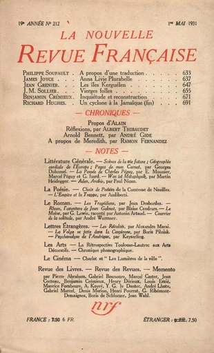 La Nouvelle Revue Française N' 212 (Mai 1931) -  Collectifs - Editions Gallimard - Revues NRF