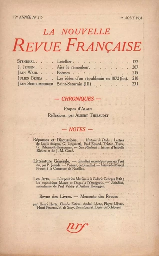 La Nouvelle Revue Française N' 215 (Aoűt 1931) -  - Editions Gallimard - Revues NRF