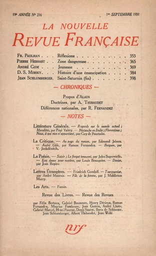 La Nouvelle Revue Française N' 216 (Septembre 1931) - André Gide - Editions Gallimard - Revues NRF