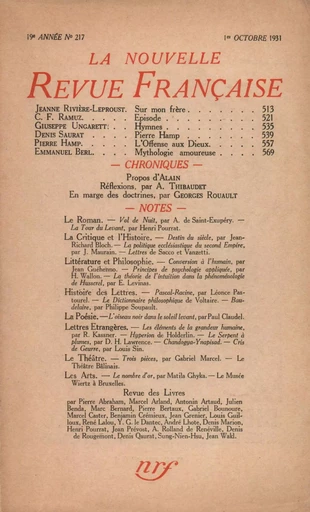 La Nouvelle Revue Française N' 217 (Octobre 1931) -  Collectifs - Editions Gallimard - Revues NRF