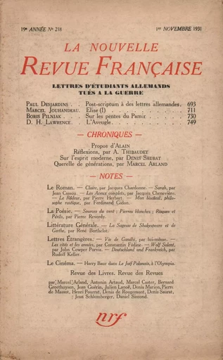 La Nouvelle Revue Française N' 218 (Novembre 1931) -  Collectifs - Editions Gallimard - Revues NRF