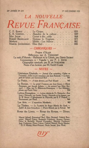 La Nouvelle Revue Française N' 219 (Décembre 1931) -  Collectifs - Editions Gallimard - Revues NRF