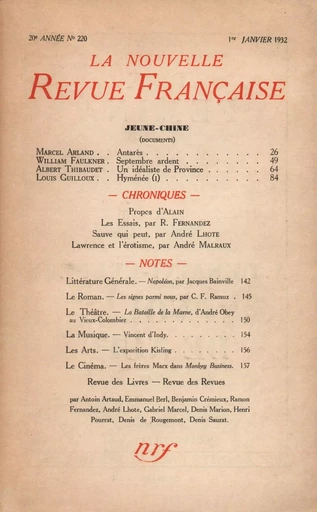 La Nouvelle Revue Française N' 220 (Janvier 1932) - André Gide - Editions Gallimard - Revues NRF