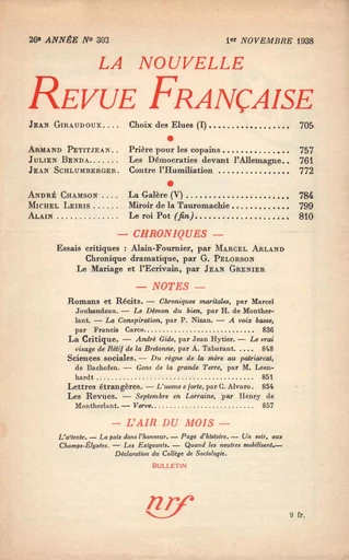 La Nouvelle Revue Française N' 302 (Novembre 1938) - André Gide - Editions Gallimard - Revues NRF