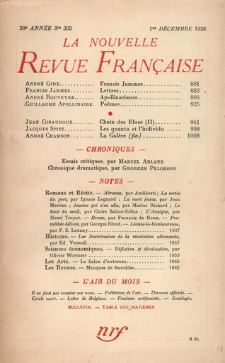 La Nouvelle Revue Française N' 303 (Décembre 1938) -  Collectifs - Editions Gallimard - Revues NRF