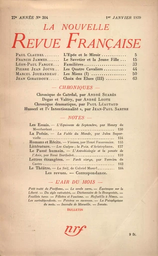 La Nouvelle Revue Française N' 304 (Janvier 1939) - André Gide - Editions Gallimard - Revues NRF